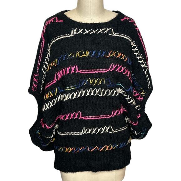 Easel Black Multi Oversized Striped Loose Knit Boxy Boho Sweater Women's M/L - Picture 1 of 5